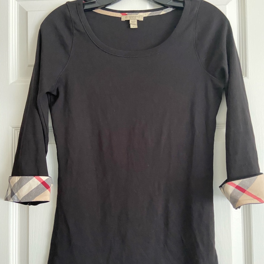 Burberry 3/4 black tee with plaid elbow cuff